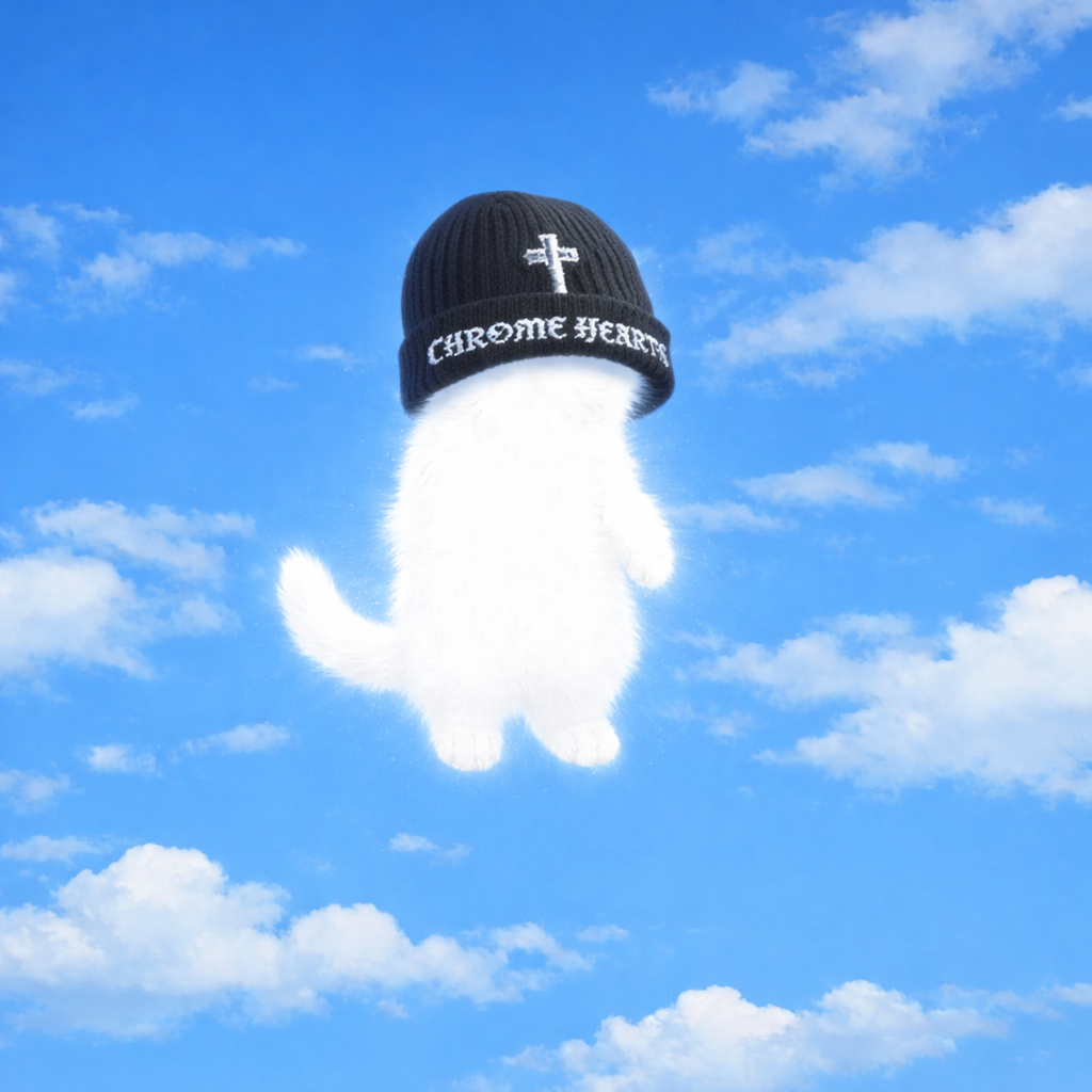 Chi cat in Chrome Hearts beanie